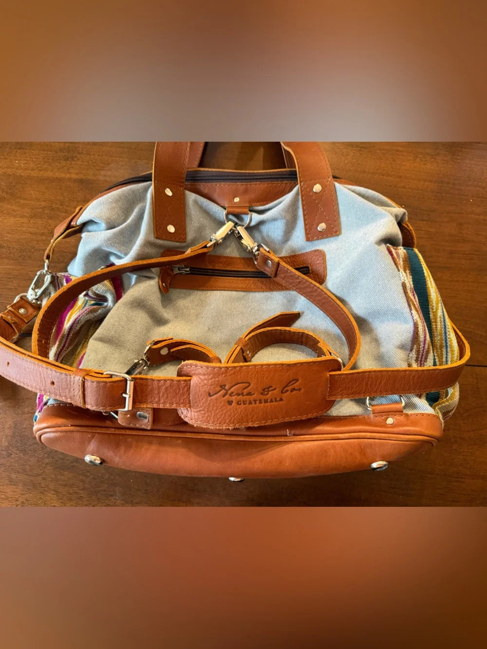 Nena & Co - Denim and Brown Leather Convertible Women’s Tote Backpack